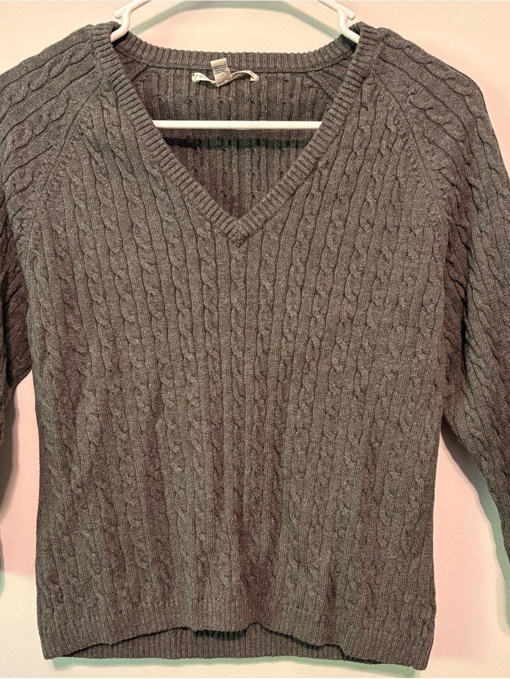 Tommy Hilfiger Gray Cable V-Neck Sweater 3/4 Length Sleeve